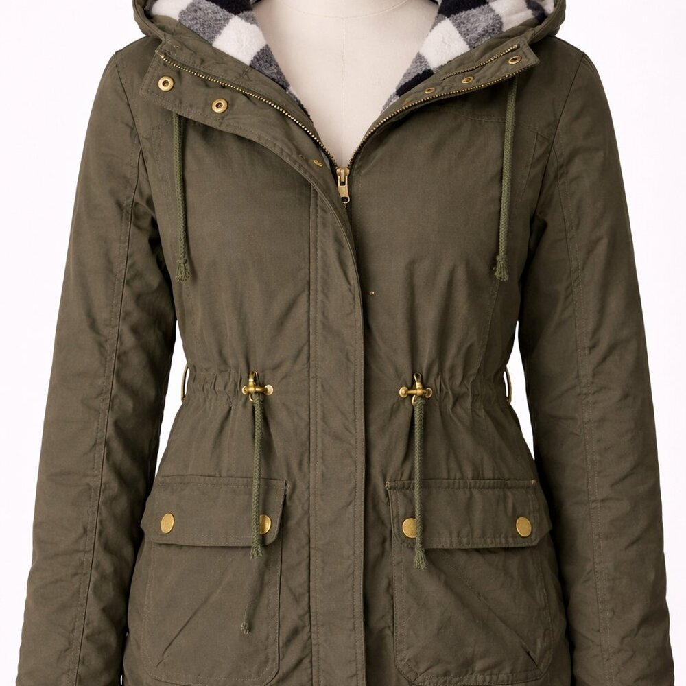 Women’s Special One Coat Small Green Zip-Off Hood Black White Flannel Lined
